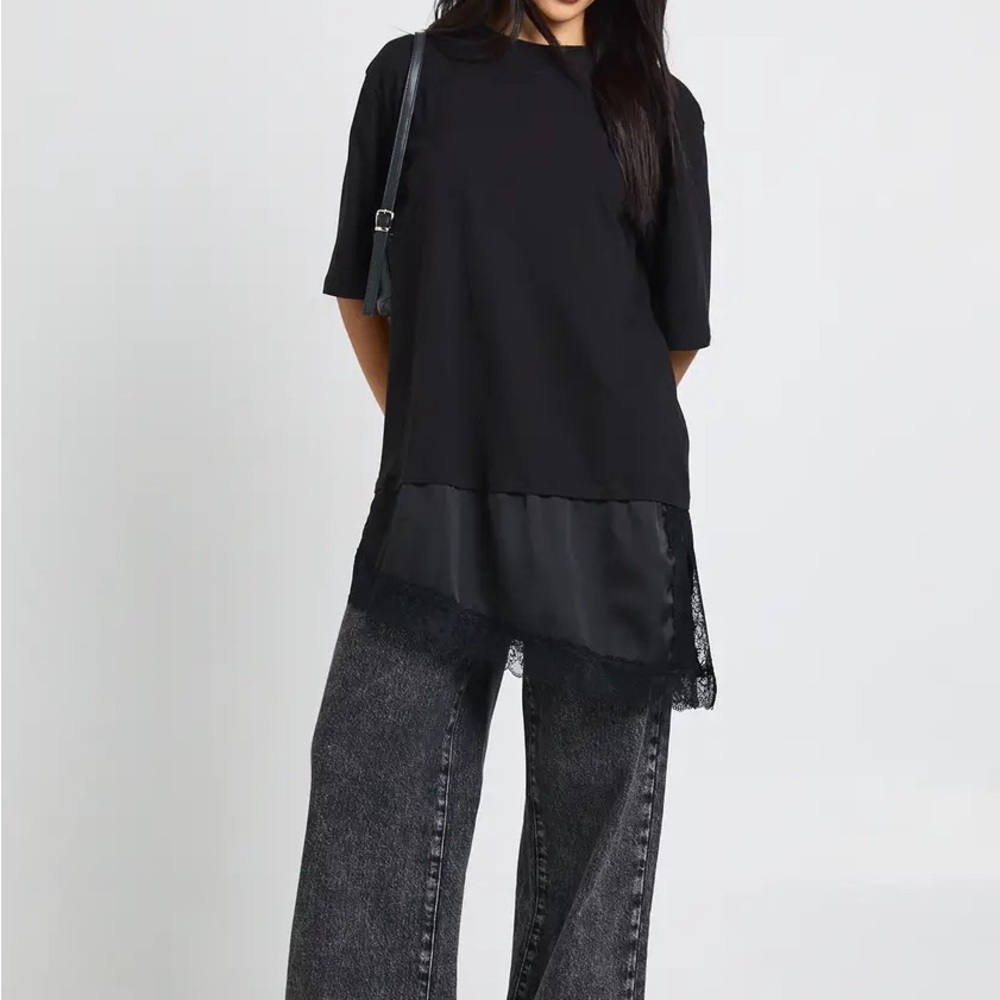 Boohoo Contrast Lace Satin Underlayer T-Shirt Black NWT